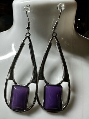 Purple Teardrop Dangle Earrings - Silver Tone